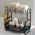 2 Tier Black Dish Drying Rack and Drainboard with Utensil Holder | Dish Drainer with Drainboard, Cups Holder for Small Kitchen, Space Saving, Rustproof, Auto Drain, Fits for 1-2 People