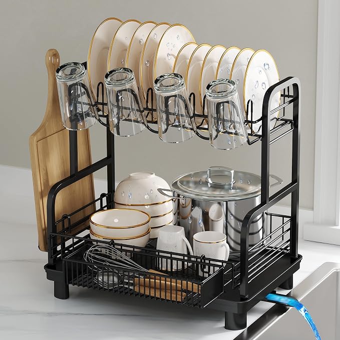 2 Tier Black Dish Drying Rack and Drainboard with Utensil Holder | Dish Drainer with Drainboard, Cups Holder for Small Kitchen, Space Saving, Rustproof, Auto Drain, Fits for 1-2 People