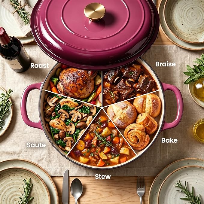Vintage Style 3 Quart Enameled Cast Iron Braiser, Non Stick Enameled Cast Iron Skillet with Lid, Dutch Oven Skillet with lid up to 500°F for Oven, Stove, Grill, Shallow Dutch Oven for Cook, Bake (Rose)