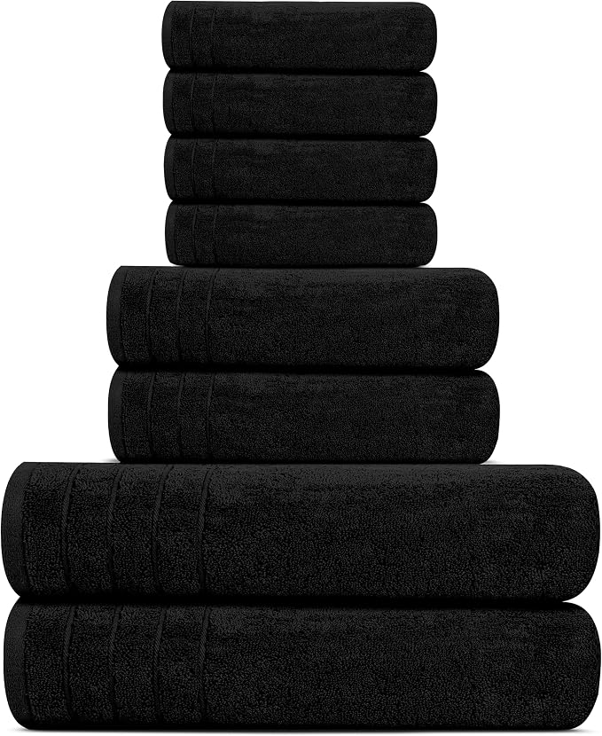 8 Piece Towel Set, 2 XL Bath, 2 Hand, 4 Washcloth, Black | 100% Cotton, Lighter Weight, Quicker to Dry, Super Absorbent, Perfect for Bathroom