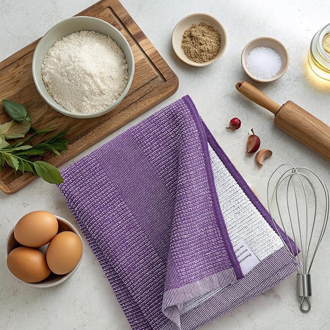 Mordimy Premium Large Cotton Kitchen Towels (18"x 28", 3 Pack), Purple | 100% Ring Spun Cotton, Super Absorbent, 380 GSM, Flat & Terry, Soft, Hanging Loop Dish Towels
