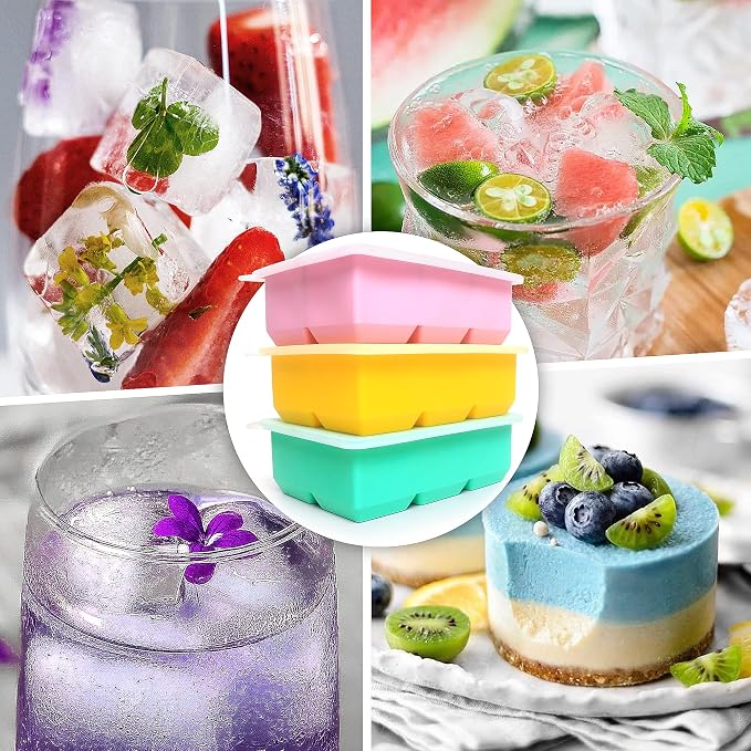 Excnorm Silicone Ice Cube Trays 3 Pack - Large Size Silicone Ice Cube Molds with Leak Proof Removable Lid Square Ice Cube Tray And BPA Free for Cocktail,Whiskey, Stackable Flexible Ice