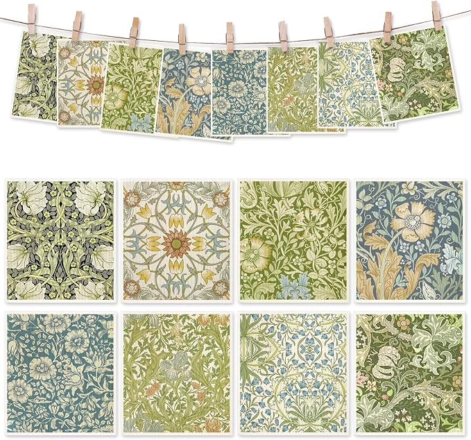 8 Packs Foliage Swedish Dishcloths, Blue Green Floral, 7 x 8 Inch | Vintage Flower, Kitchen Dish Towel, Cotton, Reusable, Washable, for Home Party Cleaning Housewarming