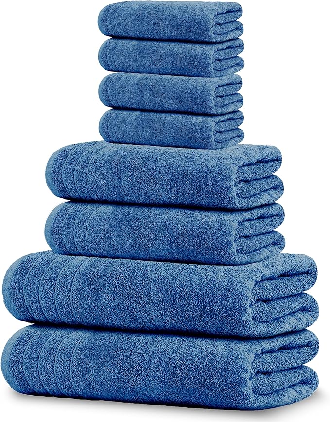 8 Piece Towel Set, 2 XL Bath, 2 Hand, 4 Washcloth, Blue | 100% Cotton, Lighter Weight, Quicker to Dry, Super Absorbent, Perfect for Bathroom