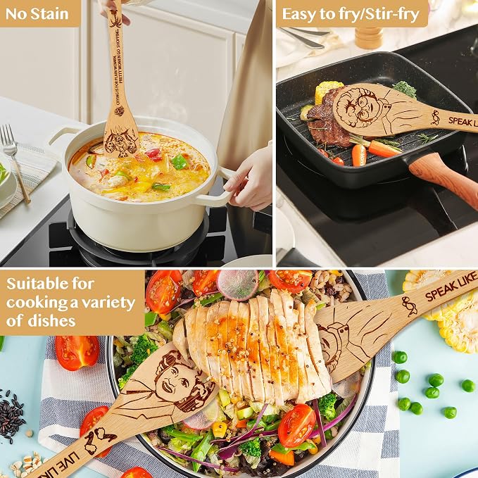 Golden Gifts for Women,Kitchen Utensils Set,Golden Wooden Cooking Spoons with Apron Oven Mitt Potholder for Fans,Great Birthday Wedding and Housewarming Christmas 8pcs