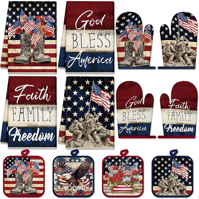 SiliFine 12 Pcs 4th of July Kitchen Decorations Set Patriotic Kitchen Towels Oven Mitts Pot Holders American Flag Themed Cooking Baking Home Accessories for Independence Day Memorial Day