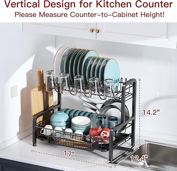 2 Tier Black Stainless Steel Dish Drying Rack for Kitchen Counter | Large Capacity Dish Drainer with Drainboard, Cup & Utensil Holder, Space Saving Rustproof Metal Plate Rack, Fast Drain