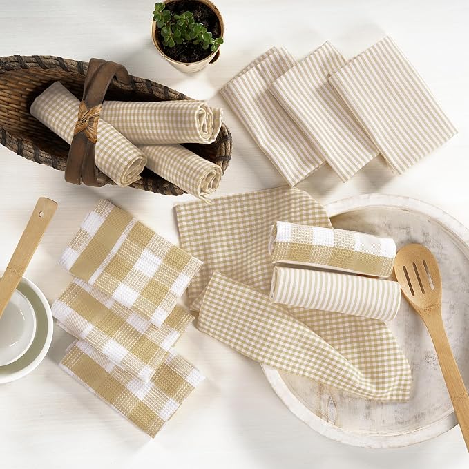 LANE LINEN 100% Cotton Kitchen Dish Cloths, Ultra Soft Absorbent Quick Drying Dish Towels, Multiweave Wash Cloths Dish Towel Sets, 12x12 Inches, 12 Pack - Beige