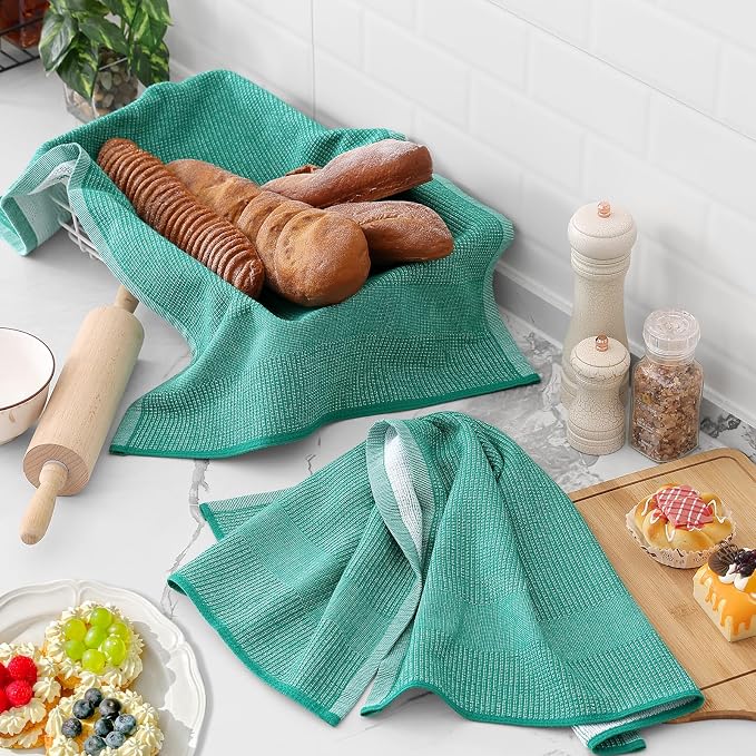 Homaxy 380 GSM Cotton Premium Kitchen Towels 6 Pack, 18"x 28", Mix | Flat and Terry Dish Towels, Highly Absorbent Tea Towel Set with Hanging Loop, Soft Kitchen Hand Towels, Navy/Red/Green