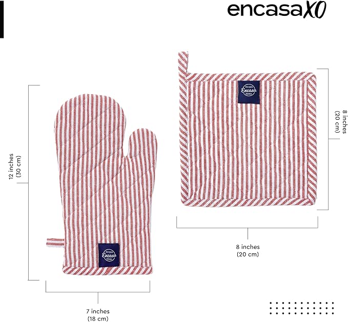 Encasa XO Oven Mitts and Pot Holders Set, Heat Resistant Cotton | Ticking Red, Diamond Quilted | Non-Slip Grip | Microwave & Oven Safe | Hanging Loop | Machine Washable | Set of 2