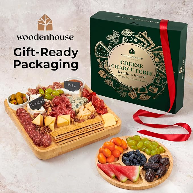 Bamboo Charcuterie Boards Gift Set - Meat and Cheese Tray with Utensils | Fruit Server & 2 Sauce Bowls Included – House Warming, Wedding & New Home Present