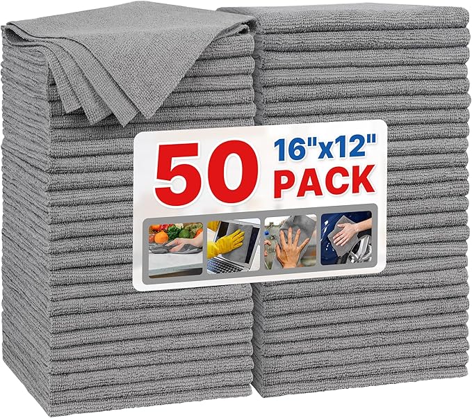 Grey Microfiber Cleaning Cloth, Pack of 50, 16"X12" Cleaning Rags for Housekeeping and Kitchen, Reusable Shop Towels, Microfiber Towels for Cars, Lint Free, Scratch-Free, Highly Absorbent