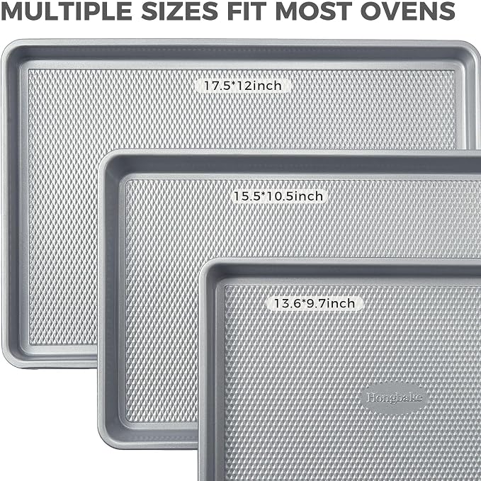 Naturally Non Toxic Baking Sheet Pan Set of 3, Heavy Duty Aluminized Steel Cookie Sheets, Half/Quarter/Jelly Roll Pans with Textured Nonstick Surface, Free of PTFE & PFOA