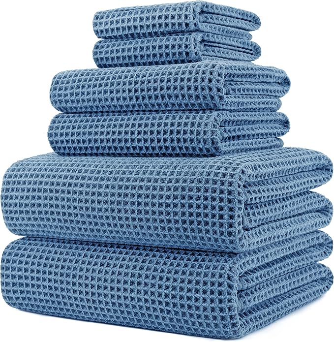 POLYTE 430 GSM Poly Blend Microfiber Quick Dry Waffle Bath Towel Set of 6 | 2-Body Towels, 2-Hand Towels, 2-Wash cloths, Oversize, Lint Free