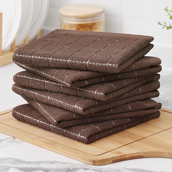 Homaxy 100% Cotton Terry Kitchen Dish Cloths, 6 Pack, Brown | Ultra Soft and Absorbent, Suitable for Drying and Washing Dishes