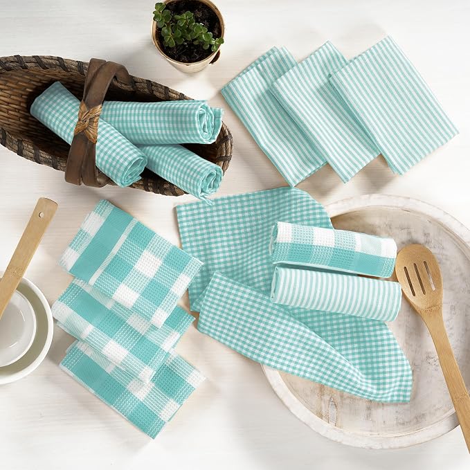 LANE LINEN 100% Cotton Kitchen Dish Cloths, Ultra Soft Absorbent Quick Drying Dish Towels, Multiweave Wash Cloths Dish Towel Sets, 12x12 Inches, 12 Pack - Aqua