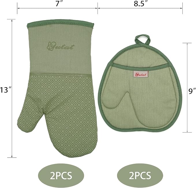 Yutat Silicone Oven Mitts - Oven Mitts and Pot Holders Sets Made of Non-Slip & BPA-Free Silicone, High Heat Resistant 500 Degrees, Perfect for Kitchen Cooking Baking BBQ, 4Pcs Set, Peak Green