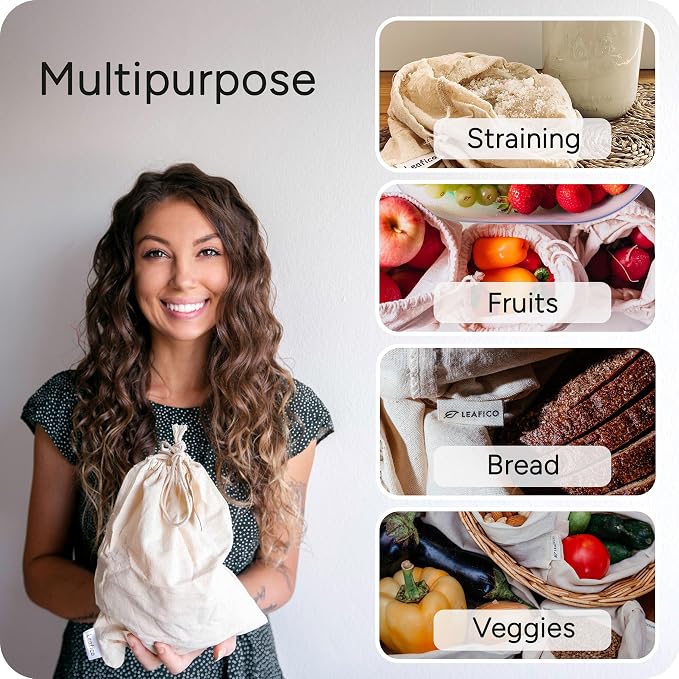Organic Cotton Produce Bags - Medium 8x10 Inch (12 Bags) - Reusable Muslin Storage Bags with Drawstrings - Biodegradable Canvas Fabric - Perfect for Snacks, Clothes