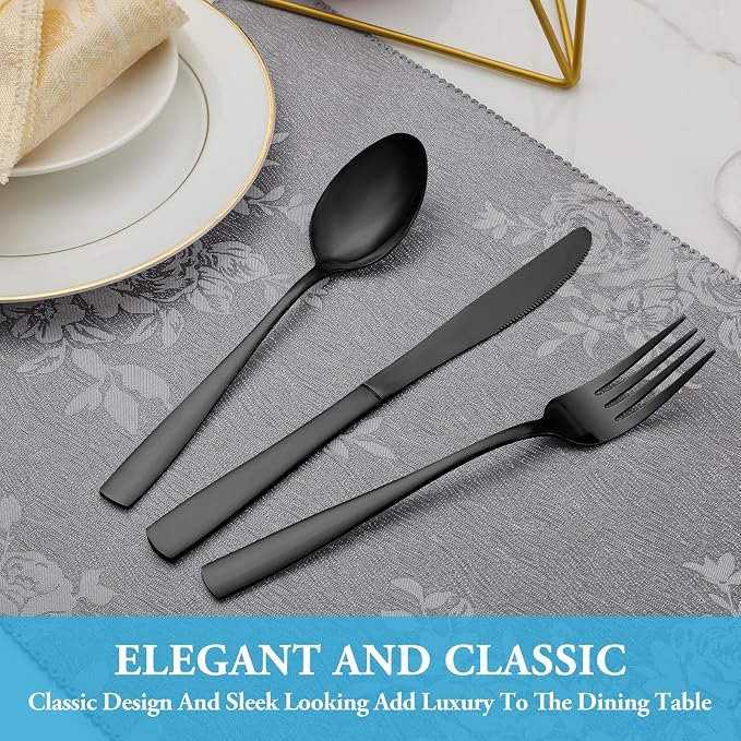 60 Pcs Black Silverware Set, Stainless Steel Flatware Set Service for 12, Mirror Polished Cutlery Utensil Set, Durable Home Kitchen Eating Tableware Set, Include Fork Knife Spoon Set, Dishwasher Safe