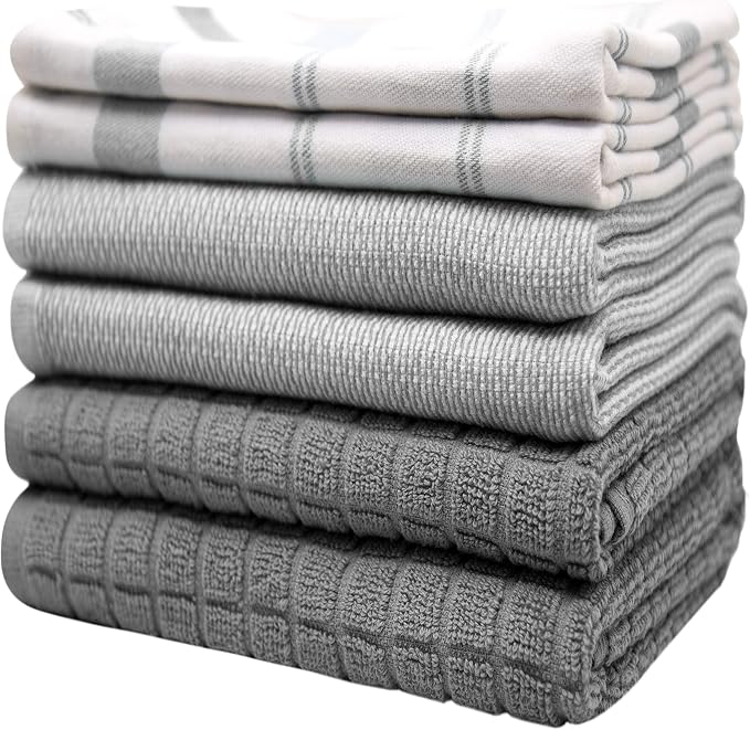 Premium Kitchen Towels 6 Pack 100% Cotton, 20"x28" Dish Towels - Grey Check | Large Flat & Terry Kitchen Linen Set with Hanging Loops, Highly Absorbent for Washing and Drying Dishes