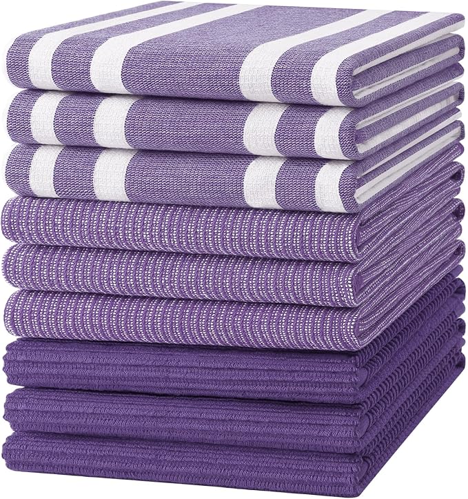 Homaxy Cotton 380 GSM Premium Kitchen Towels, 18"x 28", 9 Pack, Purple | Soft and Absorbent Terry Dish Towels, Multipurpose Tea Towel Set with Hanging Loop, 3 Styles Kitchen Hand Towels