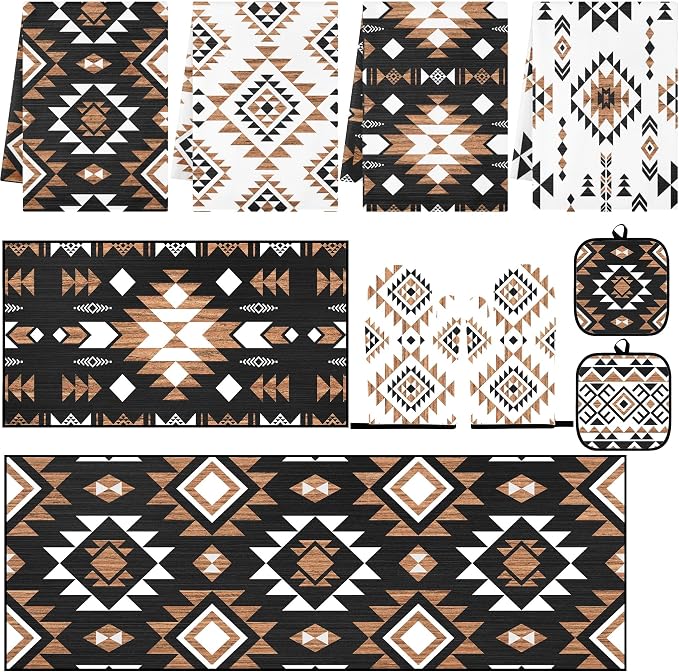 10 Pcs Kitchen Decor and Accessories Set, Western Boho | Aztec Tribal Geometric 4 Dish Towels Kitchen Rugs 2 Oven Mitts 2 Pot Holders, Home Decor for Cooking Baking BBQ Housewarming