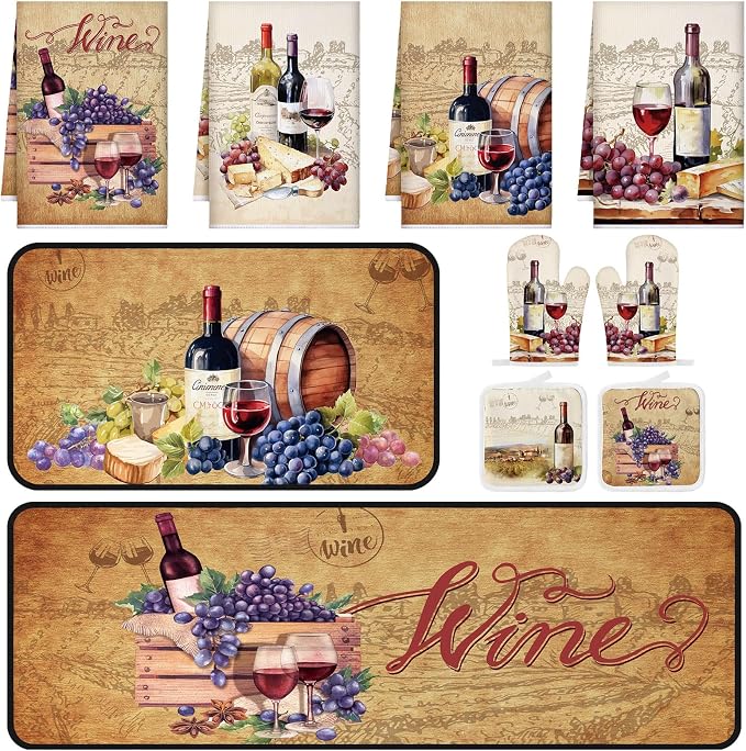 Fourluoo 10 Pcs Wine Kitchen Dish Towels Rugs Oven Mitts and Pot Holders Set Farmhouse Kitchen Decor Set for Women Mom Daughter Gift Cooking Baking Grilling (Rustic Color)