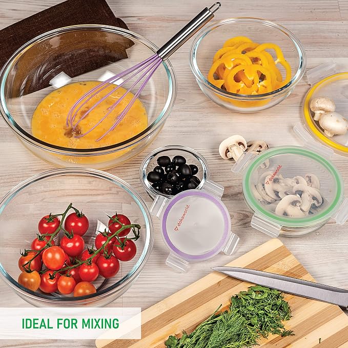 Set of 5 Stackable Space-Saving Nesting Glass Bowls with BPA Free Lids for Foodprep, Storage, Baking, Mixing & Cooking, Microwave Safe - Durable Inert Borosilicate Glass