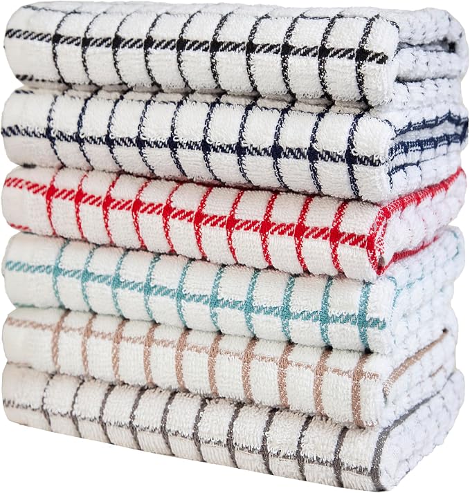 Bumble Kitchen Towels (6-Pack), 16"x28", 100% Cotton, Multicoloured Checked | 380 GSM | Soft kitchen hand towels , Highly Absorbent & Durable Dish Towels for kitchen with Hanging Loop