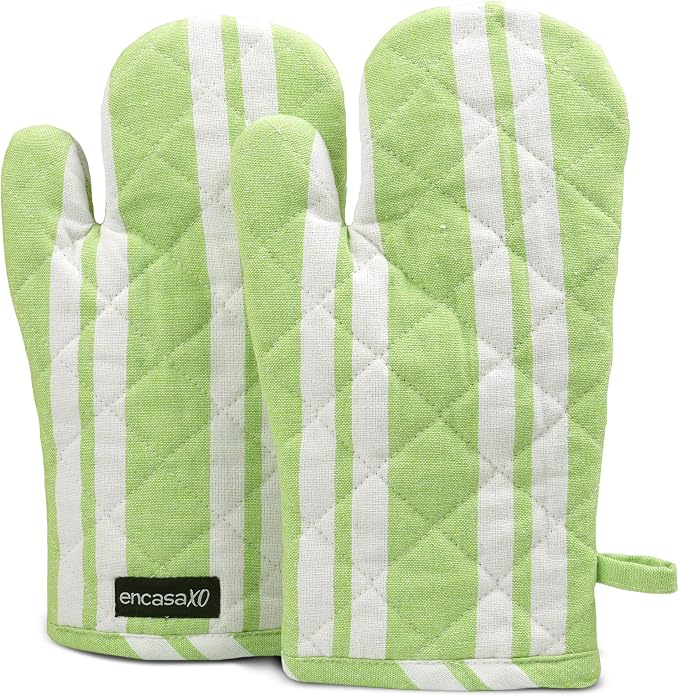 Encasa XO Oven Mitts, Heat Resistant Kitchen Gloves, Microwave | Franca Lime Stripes, 100% Cotton | Diamond Quilted Insulation | Pot Holders | Hanging Loop | Barbecue & Grill | Set of 2
