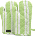 Encasa XO Oven Mitts, Heat Resistant Kitchen Gloves, Microwave | Franca Lime Stripes, 100% Cotton | Diamond Quilted Insulation | Pot Holders | Hanging Loop | Barbecue & Grill | Set of 2