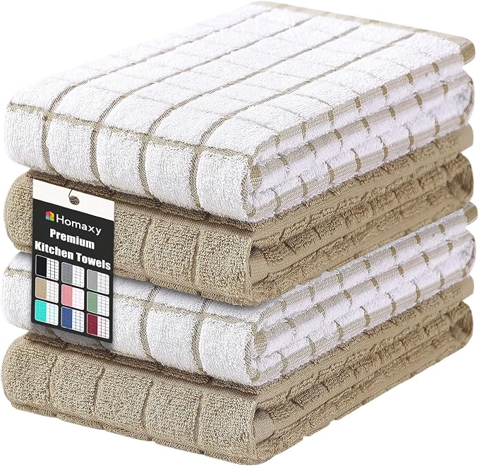 Homaxy Large Premium Cotton Kitchen Towels 16"x 28", 4 Pack, Tan | Natural Ring Spun 390 GSM Dish Towels, Super Absorbent Terry Kitchen Hand Towels, Soft Tea Towels with Hanging Loop