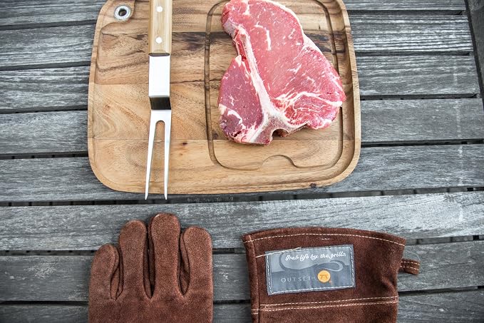 Outset Leather Grill Gloves, Set of 2 Brown Leather BBQ Gloves | Leather Keeps Your Hands Safe From The Heat | Great For The Grill, Griddle, Campfire & Oven | 1 Size Fits All BBQ Gloves