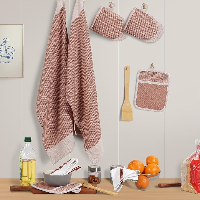 Casa Platino Potholders for Kitchens, 8-Piece – 500°F Heat Resistant Oven Mitts and Pot Holders, Mini Oven Mitt with Silicone Grip, 2 Kitchen Towels & 2 Dish Cloths – Durable & Non-Slip – Canyon Rose