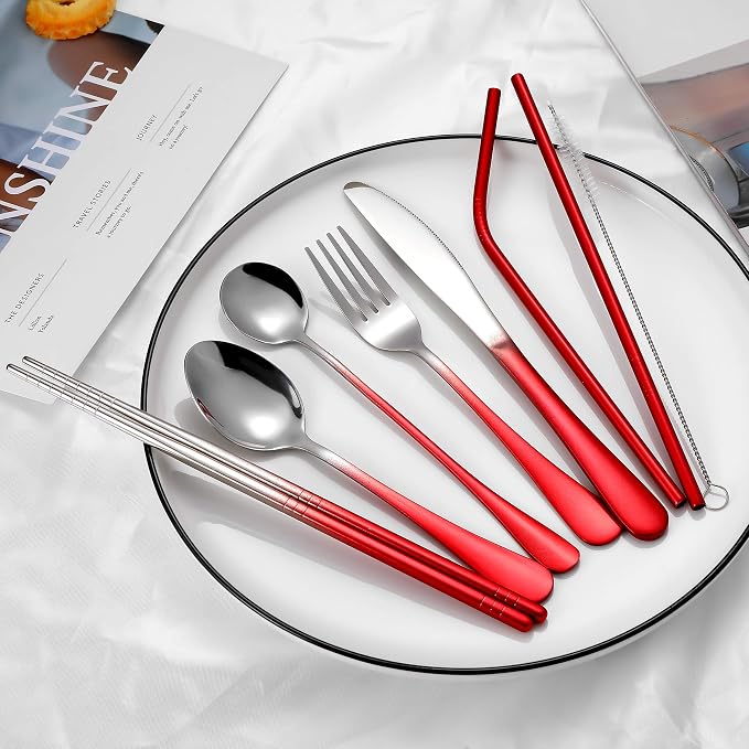 Travel Utensils,Reusable Silverware Set To Go Portable Cutlery Set with a Waterproof Carrying Case for Lunch Boxes Workplace Camping Picnic (GraRed)