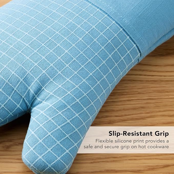 KITCHENAID Gourmet Series Gridlines Oven Mitts 2-Pack Set, Heat Resistant up to 600°F, Soft Silicone Grip, Magnetic Cuff, Blue Velvet, 7"x14"