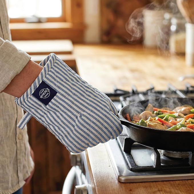 Encasa XO Oven Mitts and Pot Holders Set, Heat Resistant Cotton | Ticking Navy Blue, Diamond Quilted | Non-Slip Grip | Microwave & Oven Safe | Hanging Loop | Machine Washable | Set of 2