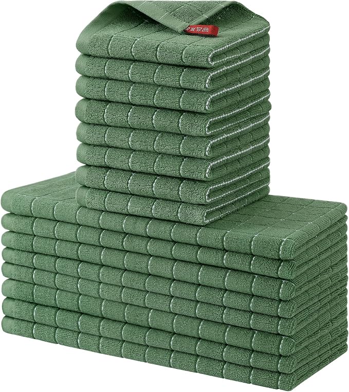 Homaxy Kitchen Towels and Dishcloths Set, Set of 16, Grass Green | Bulk Cotton Terry Kitchen Towels, Checkered Designed, Soft and Super Absorbent Dish Towels, 12 x 12 and 13 x 28 Inches