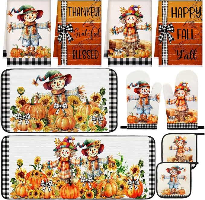 Fanfanwin 10 Pcs Thanksgiving Scarecrow Kitchen Decor Set Kitchen Towels Pot Holders Oven Mitts and Rugs Set Thanksgiving Towels for Baking Cooking BBQ Autumn Home