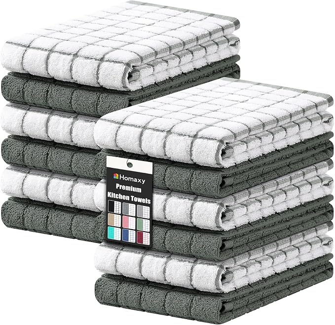 Homaxy Large Premium Cotton Kitchen Towels 16"x 28", 12 Pack, Dark Green | Natural Ring Spun 390 GSM Dish Towels, Super Absorbent Terry Kitchen Hand Towels, Soft Tea Towels with Hanging Loop