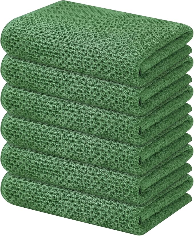 Kitinjoy 100% Cotton Waffle 6-Pack Kitchen Towels, 13" x 28", Grass Green | Super Soft, Ultra-Absorbent, Fast Drying, lightweight, Quick Drying Kitchen Hand Towels