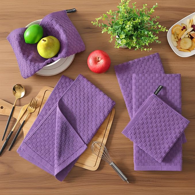Homaxy 100% Cotton Terry Kitchen Towels(15" x 25", 6 Pack), Purple | Soft and Super Absorbent Dish Towels, 380 GSM Reusable Tea Towel with Hanging Loop, Pineapple Grid Designed