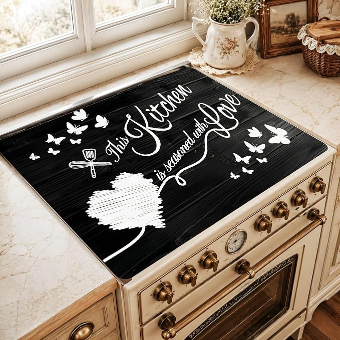 Black and White Kitchen Quote Stove Top Cover 28.3 x 20.5 Inch, Heart Butterfly Glass Cooktop Protector Mat, Electric Range Cover for Kitchen Counter Decor (Black wooden planks)