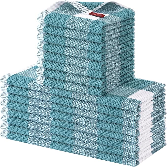 Homaxy Kitchen Towels and Dishcloths Set, Set of 16, White & Lake Blue | Bulk Cotton Waffle Weave Check Plaid Kitchen Towels, Super Soft and Absorbent Dish Cloths, 12 x 12 and 13 x 28 Inches