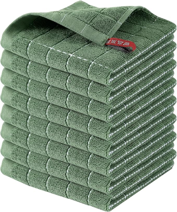 Homaxy 100% Cotton Terry Kitchen Dish Cloths, 8 Pack, Grass Green | Ultra Soft and Absorbent, Suitable for Drying and Washing Dishes