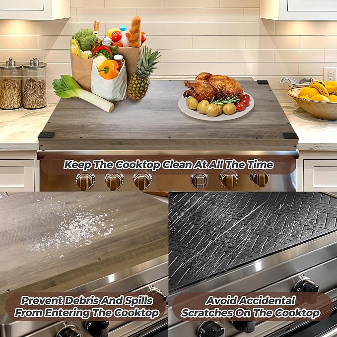 WOLKI Noodle Board Stove Covers for Gas Burners, 30"L x 22"W x 2.5"Th Heavyweight Stove Top Covers for Electric Stove, Buil-in Handles, RV Stove Cover, Sink Cover, Wooden Serving Tray (Grey)