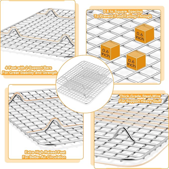 TeamFar Cookie Sheets with Cooling Racks, 2 Pans + 2 Racks, 12.5x9.5x1 Inch | Stainless Steel Cookies Sheet Baking Tray Pan with Grid Cooling Rack for Toaster Oven, Healthy & Heavy-Duty, Dishwasher Safe
