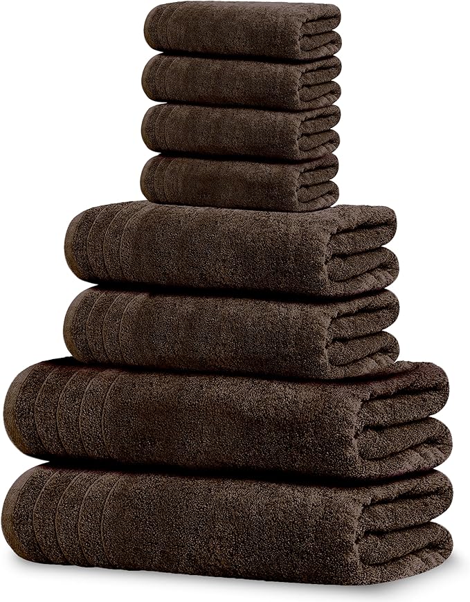 8 Piece Towel Set, 2 XL Bath, 2 Hand, 4 Washcloth, Brown | 100% Cotton, Lighter Weight, Quicker to Dry, Super Absorbent, Perfect for Bathroom