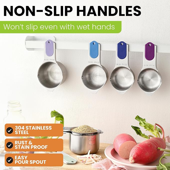 Spring Chef Magnetic Stainless Steel Measuring Cups Set of 7, Winter Frost | Patented Metal Measuring Cups for Measuring Dry or Liquid Ingredients, Easy to Read Markings, Dishwasher Safe Magnetic Cups
