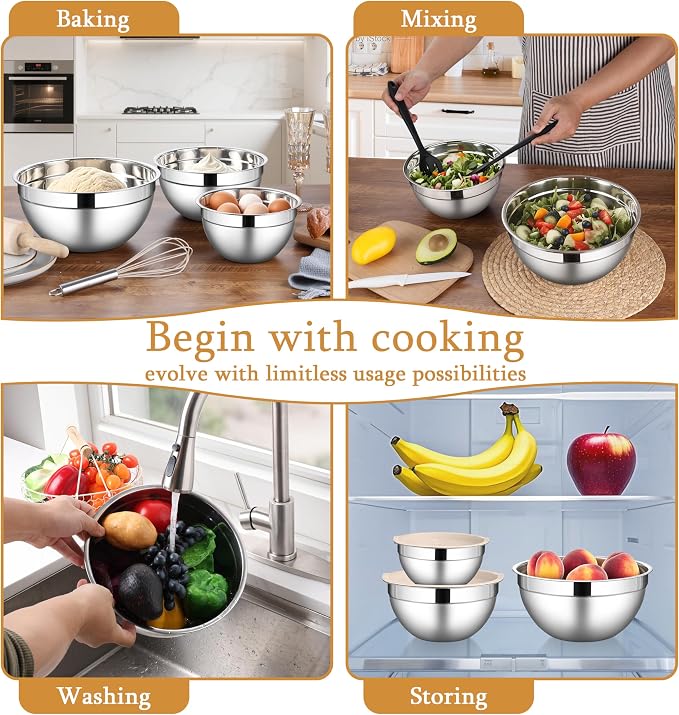 LIANYU Mixing Bowls with Lids Set, 3 Packs Stainless Steel Metal Bowls | Ideal for Prepping, Cooking, Storage, Serving, Freezer & Dishwasher Safe, 1.5QT & 3QT & 4.6QT, Khaki
